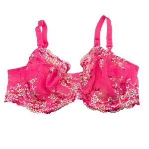 Wacoal‎ Hot Pink Floral Lace Full Coverage Balconette Bra 38D Semi Sheer Sexy